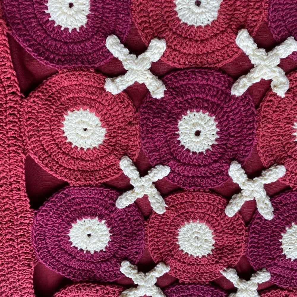 Crate&Barrel Square Crocheted Pillow Cover Deep Reds White Boho 23